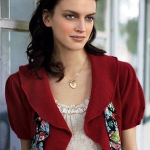 Anthro Chic Ruby Red angora blend Women's Shrug with Floral silk Details